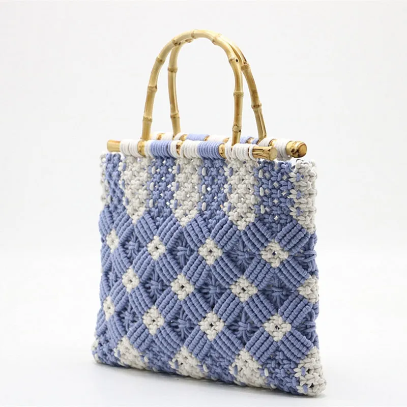 Boho Bamboo Handle Crochet Knit Tote - 2 Colors