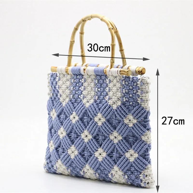 Boho Bamboo Handle Crochet Knit Tote - 2 Colors