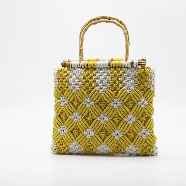 Boho Bamboo Handle Crochet Knit Tote - 2 Colors