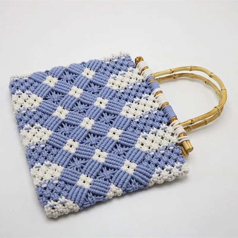 Boho Bamboo Handle Crochet Knit Tote - 2 Colors