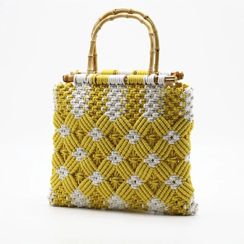 Boho Bamboo Handle Crochet Knit Tote - 2 Colors