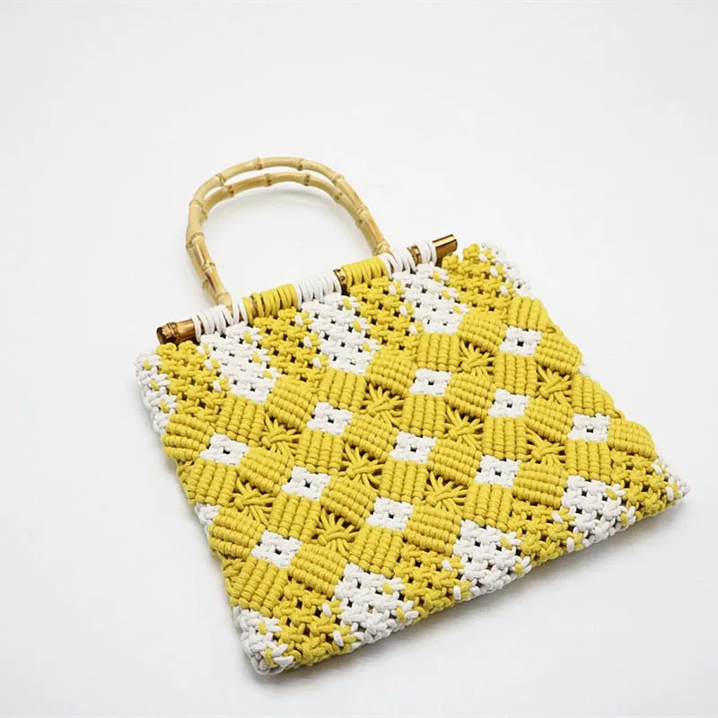 Boho Bamboo Handle Crochet Knit Tote - 2 Colors