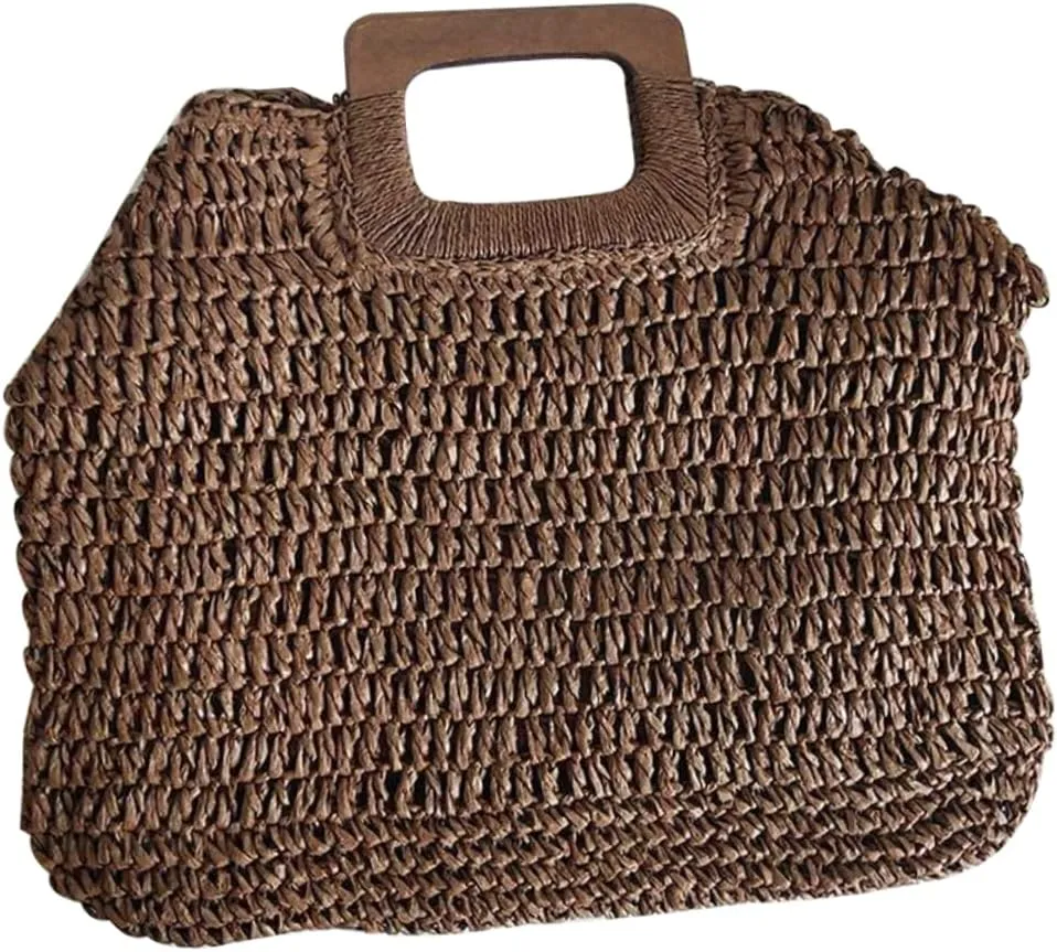 Boho Straw Purses for Women Beach Bag Women's Tote Bag Polyester Lining Wooden Handle for Travel Parties Shopping (dark)