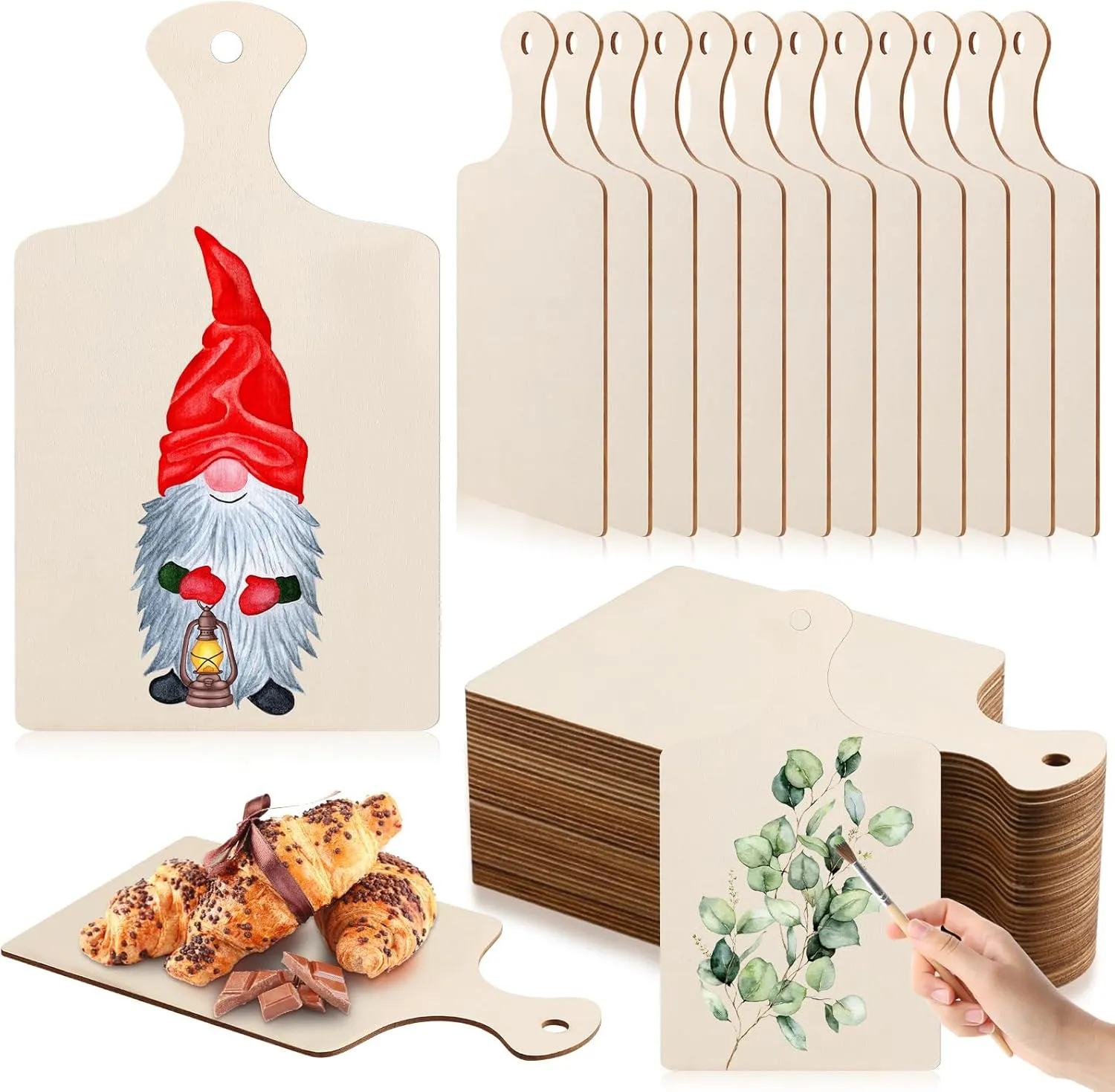 Bokon 60 Pcs Wooden Cutting Board with Handle for Craft Unfinished Wooden Serving Tray Mini Wood Serving Board Small Chopping Board Paddle for DIY Kitchen Decor,9.4 x 5.5 in