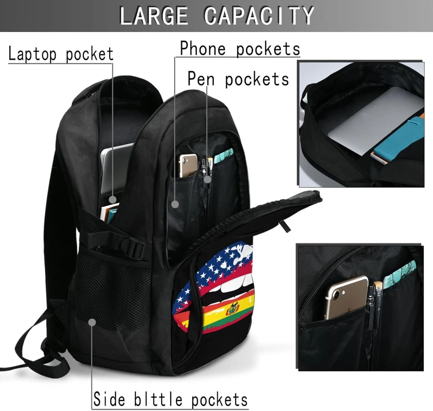 Bolivia Bolivian American Flag Lips Travel Backpacks Casual Backpack Large Capacity Laptop Rucksack Luggage Daypacks with USB Charging Port Multi-Pockets Bags for Hiking