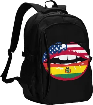 Bolivia Bolivian American Flag Lips Travel Backpacks Casual Backpack Large Capacity Laptop Rucksack Luggage Daypacks with USB Charging Port Multi-Pockets Bags for Hiking