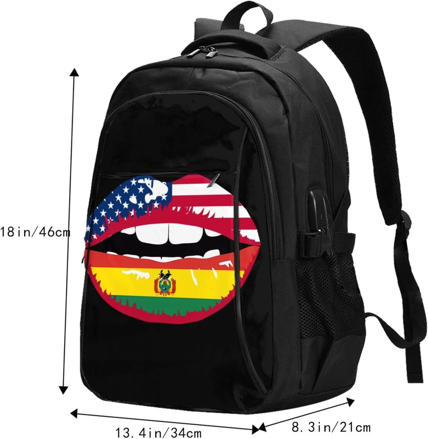 Bolivia Bolivian American Flag Lips Travel Backpacks Casual Backpack Large Capacity Laptop Rucksack Luggage Daypacks with USB Charging Port Multi-Pockets Bags for Hiking