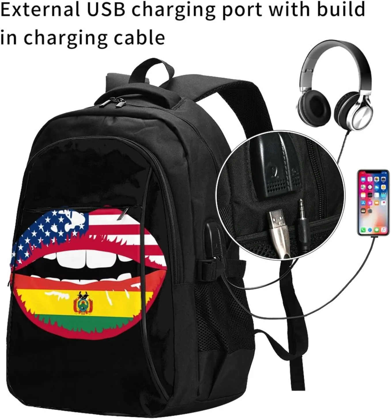 Bolivia Bolivian American Flag Lips Travel Backpacks Casual Backpack Large Capacity Laptop Rucksack Luggage Daypacks with USB Charging Port Multi-Pockets Bags for Hiking