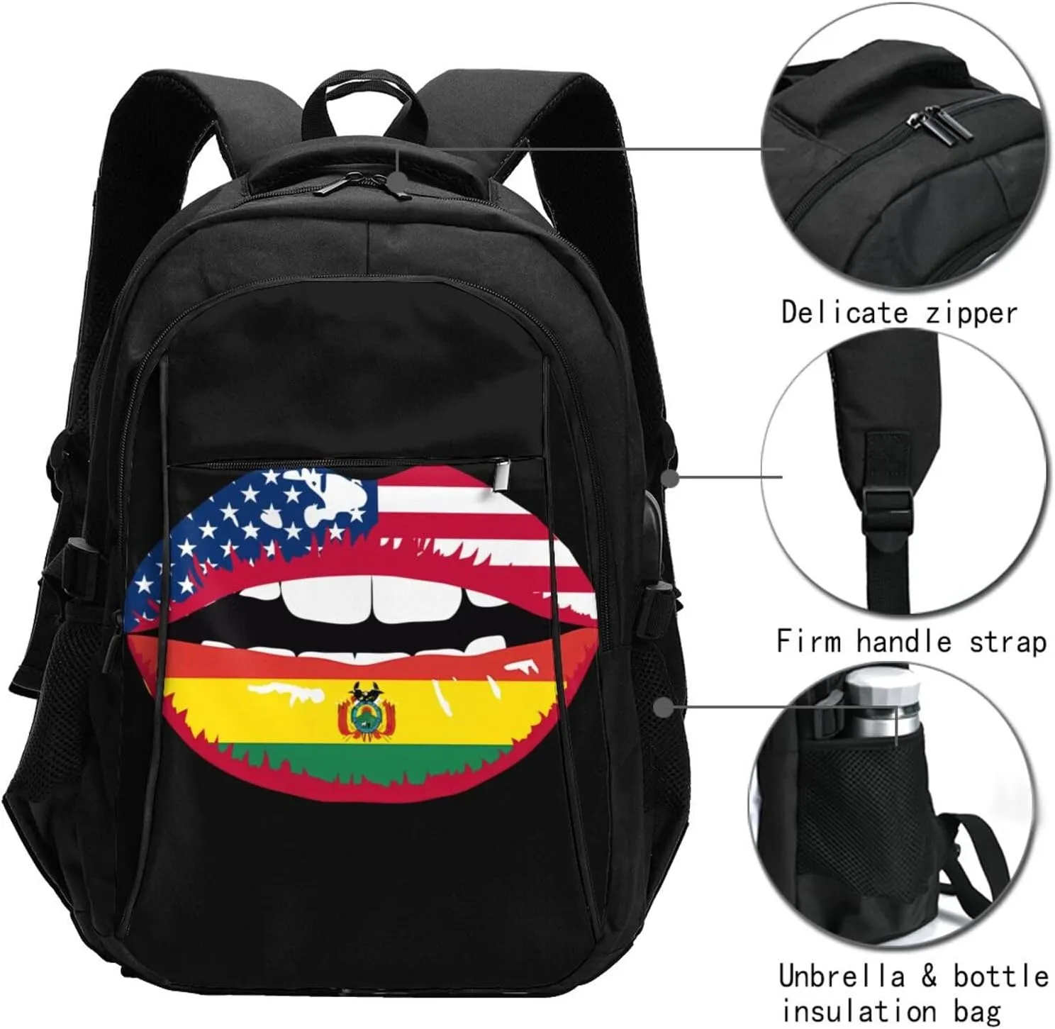 Bolivia Bolivian American Flag Lips Travel Backpacks Casual Backpack Large Capacity Laptop Rucksack Luggage Daypacks with USB Charging Port Multi-Pockets Bags for Hiking