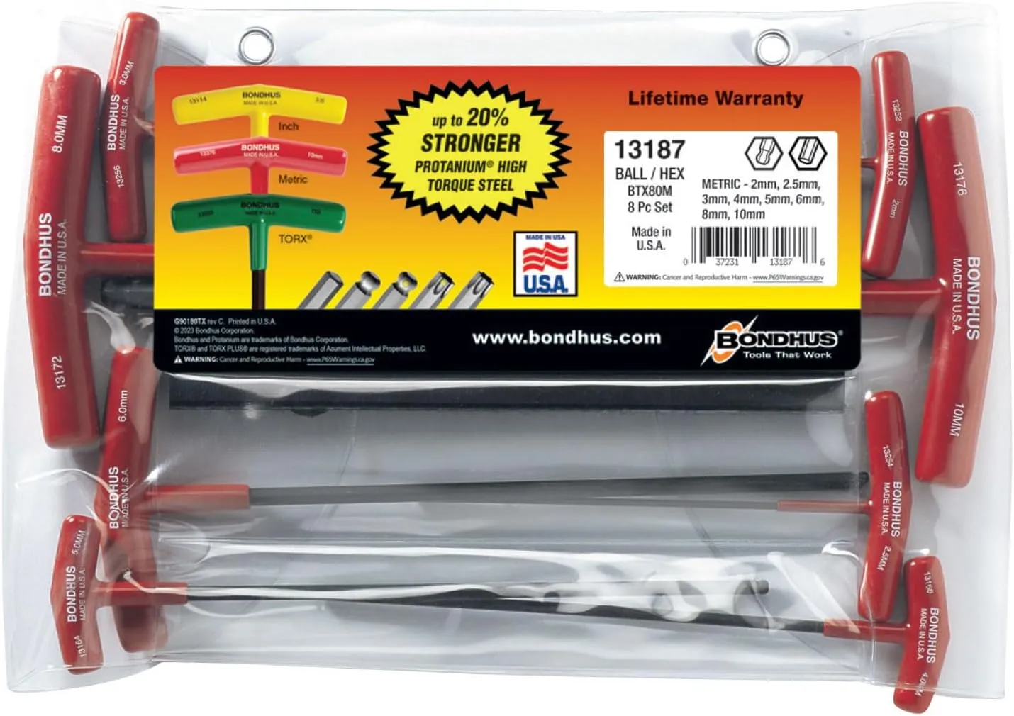 Bondhus 13187 Set of 8 Balldriver and Hex T-handles, sizes 2-10mm