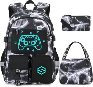 Boys Backpack, Cool Luminous School Backpacks for Boys with Lunch Bag Pencil Case, Kids Backpack Kindergarten Elementary Middle School Book Bags for Teen Boys Children with USB Charging Port