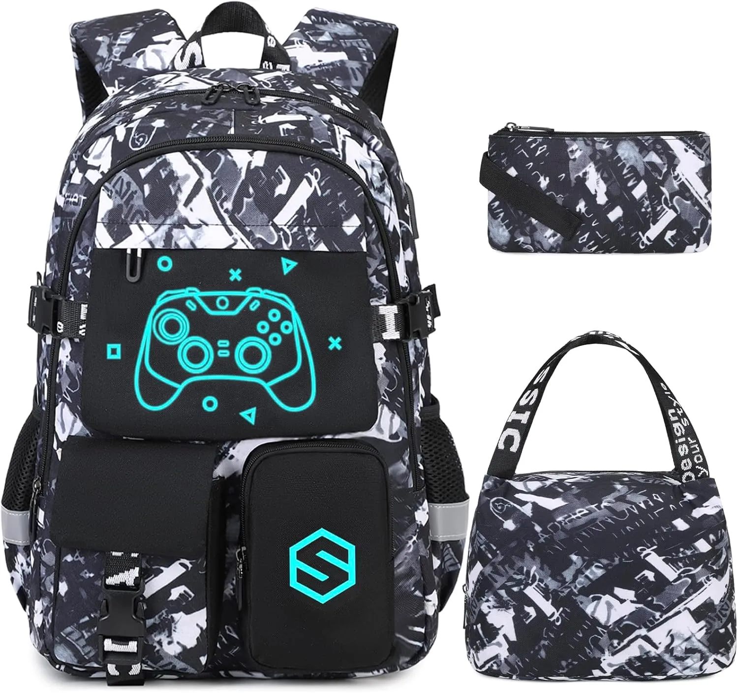 Boys Backpack, Cool Luminous School Backpacks for Boys with Lunch Bag Pencil Case, Kids Backpack Kindergarten Elementary Middle School Book Bags for Teen Boys Children with USB Charging Port