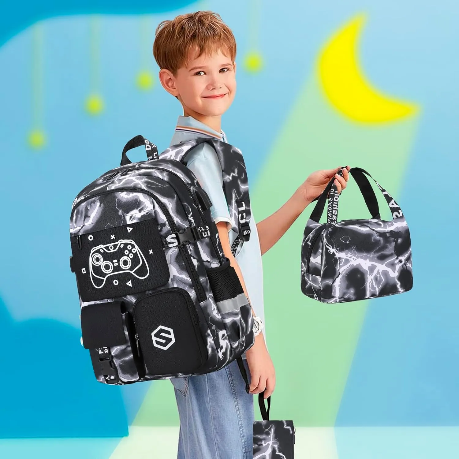 Boys Backpack, Cool Luminous School Backpacks for Boys with Lunch Bag Pencil Case, Kids Backpack Kindergarten Elementary Middle School Book Bags for Teen Boys Children with USB Charging Port