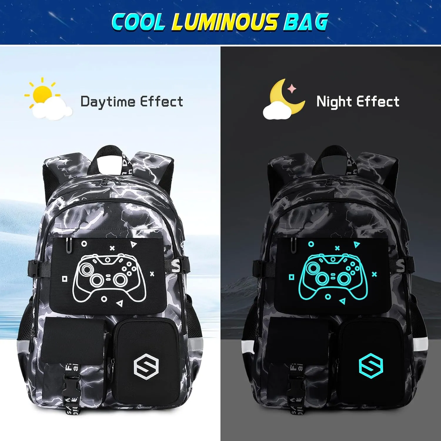 Boys Backpack, Cool Luminous School Backpacks for Boys with Lunch Bag Pencil Case, Kids Backpack Kindergarten Elementary Middle School Book Bags for Teen Boys Children with USB Charging Port