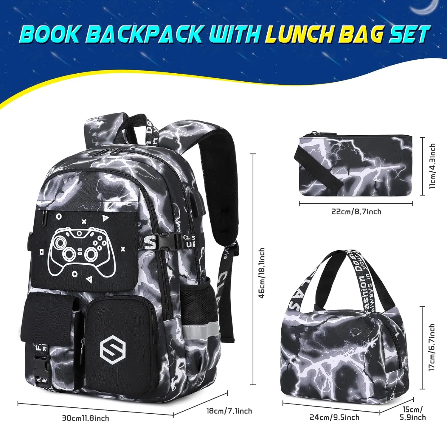 Boys Backpack, Cool Luminous School Backpacks for Boys with Lunch Bag Pencil Case, Kids Backpack Kindergarten Elementary Middle School Book Bags for Teen Boys Children with USB Charging Port