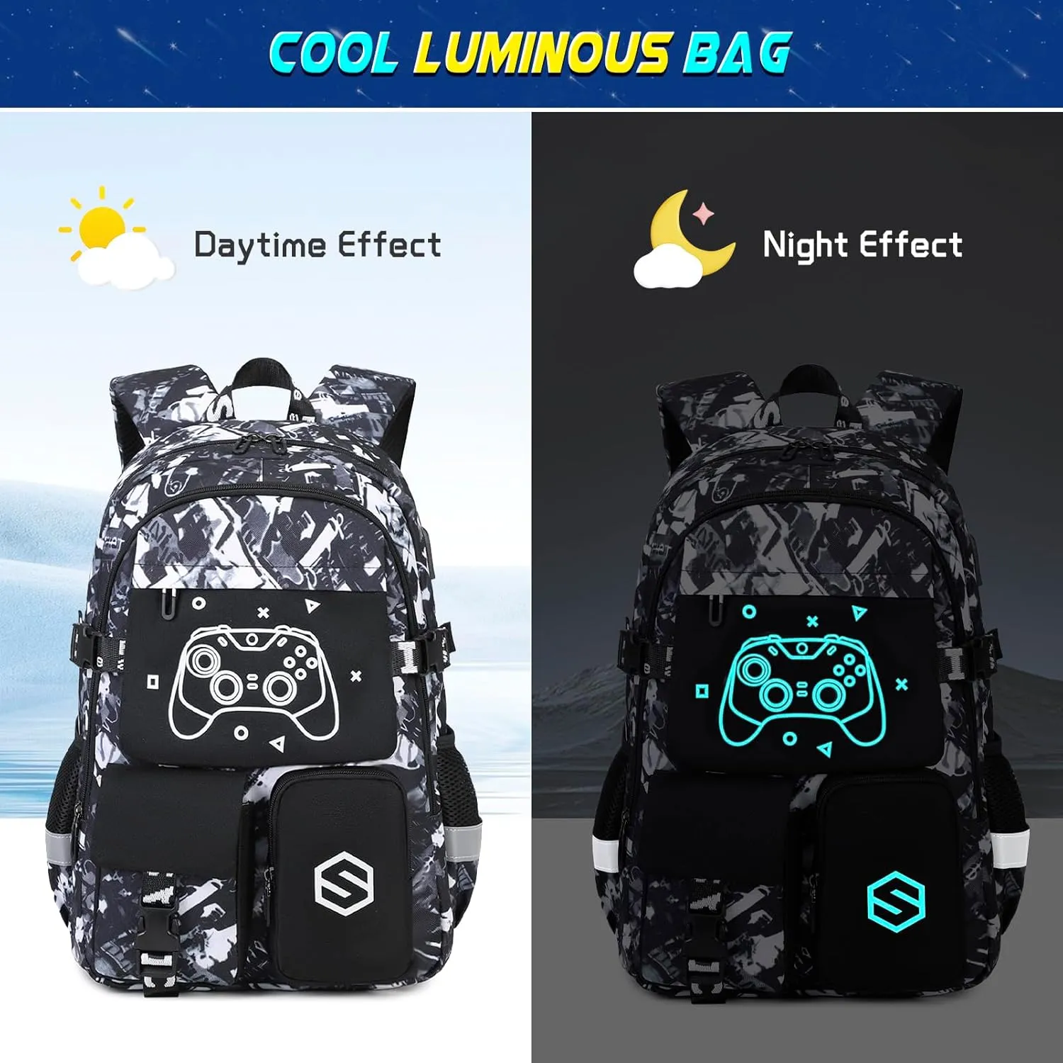 Boys Backpack, Cool Luminous School Backpacks for Boys with Lunch Bag Pencil Case, Kids Backpack Kindergarten Elementary Middle School Book Bags for Teen Boys Children with USB Charging Port