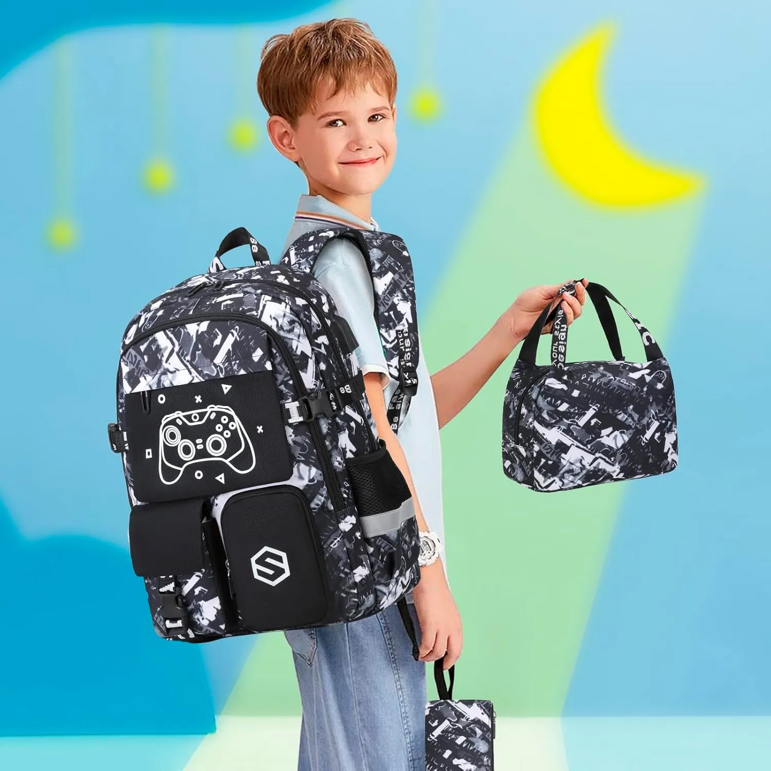 Boys Backpack, Cool Luminous School Backpacks for Boys with Lunch Bag Pencil Case, Kids Backpack Kindergarten Elementary Middle School Book Bags for Teen Boys Children with USB Charging Port