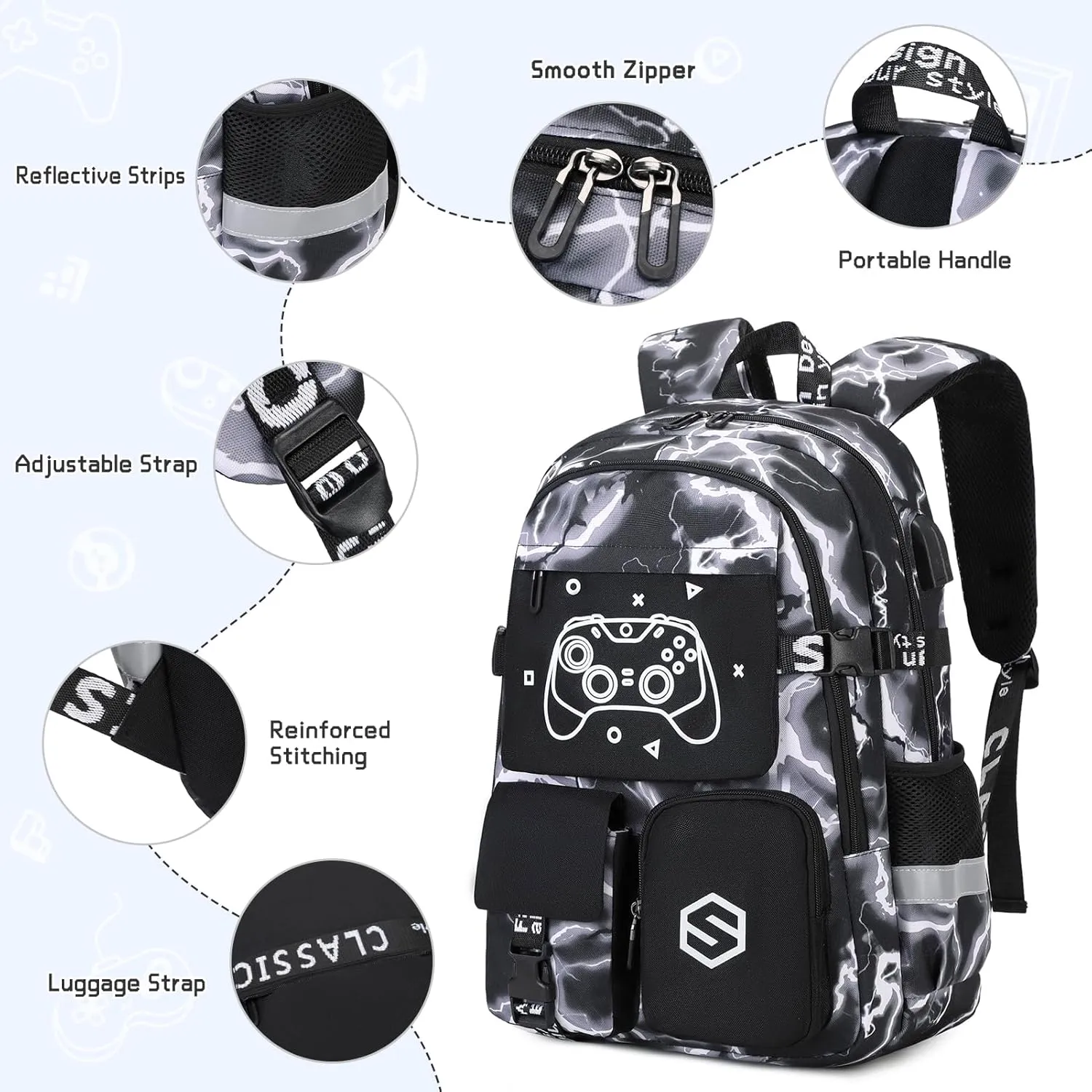 Boys Backpack, Cool Luminous School Backpacks for Boys with Lunch Bag Pencil Case, Kids Backpack Kindergarten Elementary Middle School Book Bags for Teen Boys Children with USB Charging Port