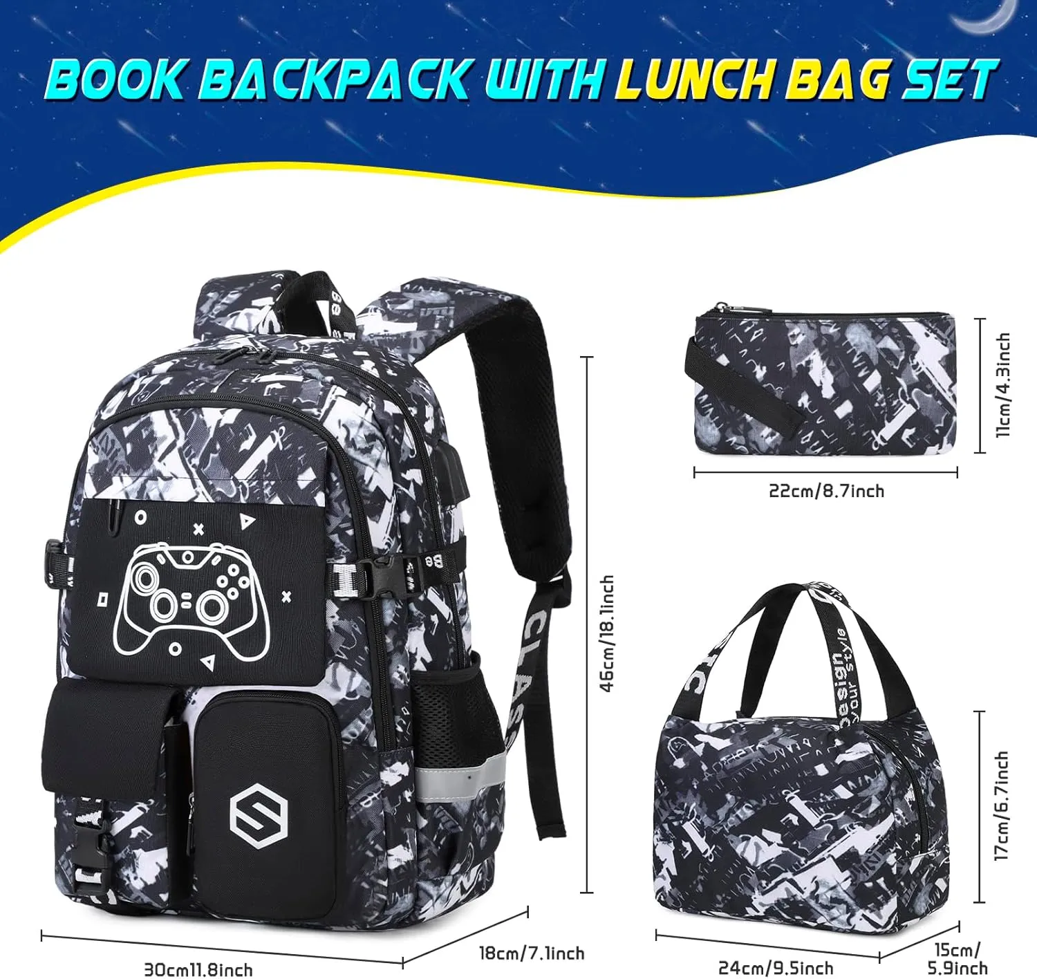 Boys Backpack, Cool Luminous School Backpacks for Boys with Lunch Bag Pencil Case, Kids Backpack Kindergarten Elementary Middle School Book Bags for Teen Boys Children with USB Charging Port