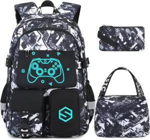 Boys Backpack, Cool Luminous School Backpacks for Boys with Lunch Bag Pencil Case, Kids Backpack Kindergarten Elementary Middle School Book Bags for Teen Boys Children with USB Charging Port