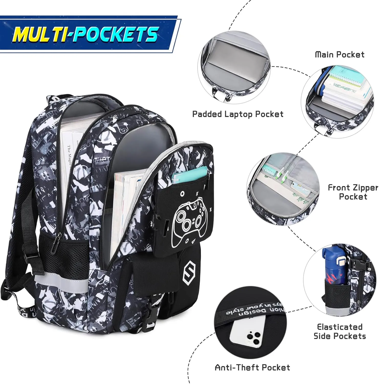 Boys Backpack, Cool Luminous School Backpacks for Boys with Lunch Bag Pencil Case, Kids Backpack Kindergarten Elementary Middle School Book Bags for Teen Boys Children with USB Charging Port