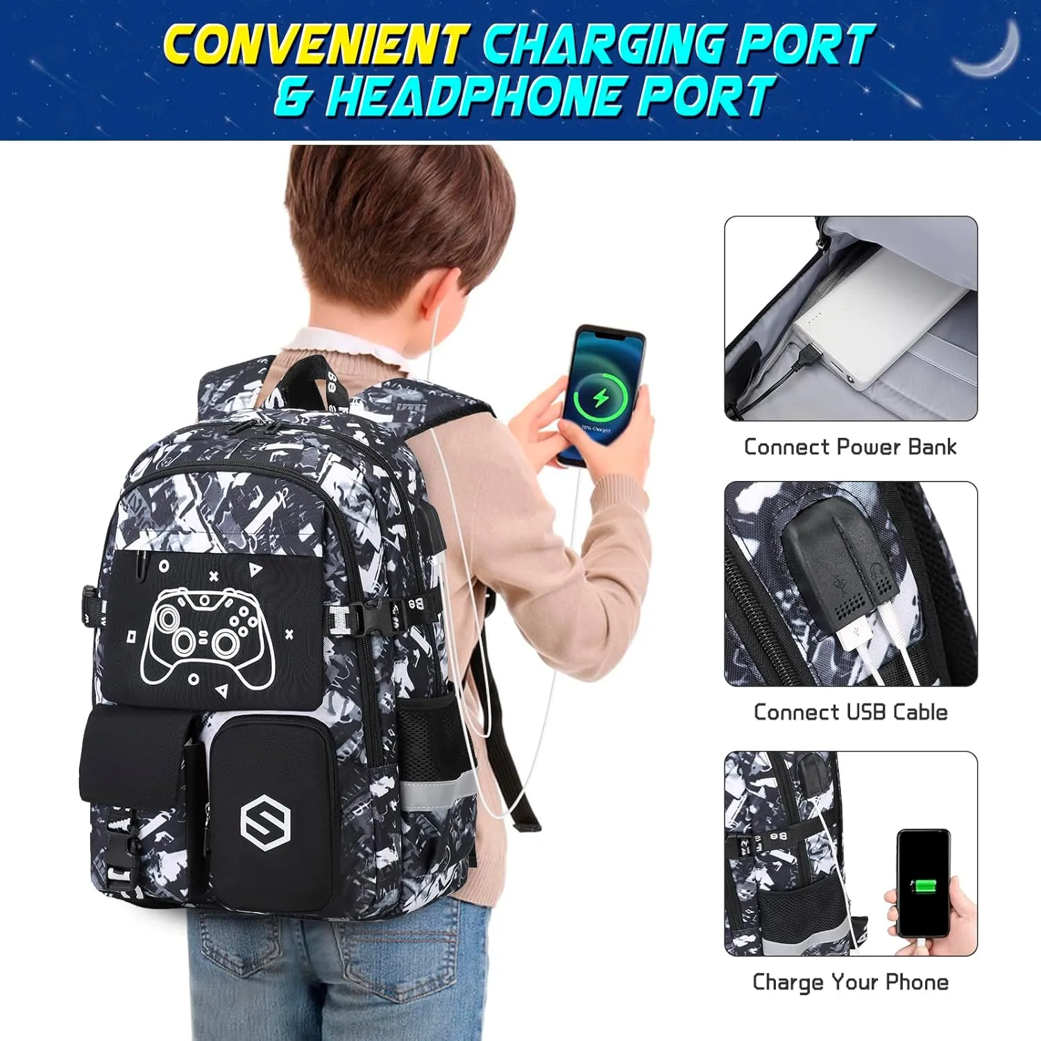 Boys Backpack, Cool Luminous School Backpacks for Boys with Lunch Bag Pencil Case, Kids Backpack Kindergarten Elementary Middle School Book Bags for Teen Boys Children with USB Charging Port