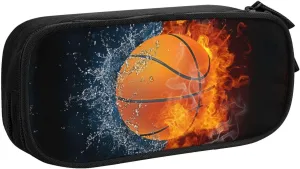 Boys Kids Pencil Box with Basketball, Sports Pencil Case with Print Water & Fire Pattern for Teens Men, Large Black Pencil Holder Pen Pouch Desk Organizer Travel Stationery Bag for School Office
