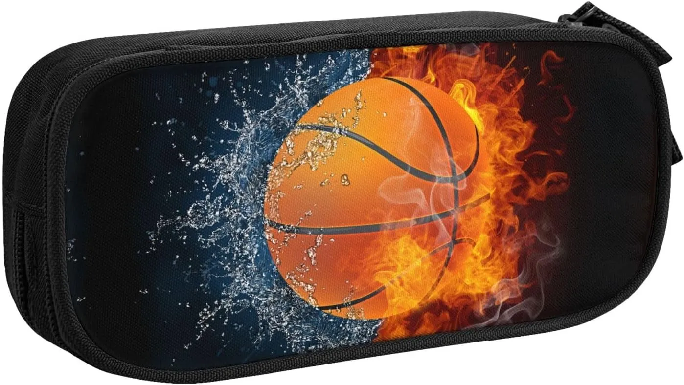 Boys Kids Pencil Box with Basketball, Sports Pencil Case with Print Water & Fire Pattern for Teens Men, Large Black Pencil Holder Pen Pouch Desk Organizer Travel Stationery Bag for School Office