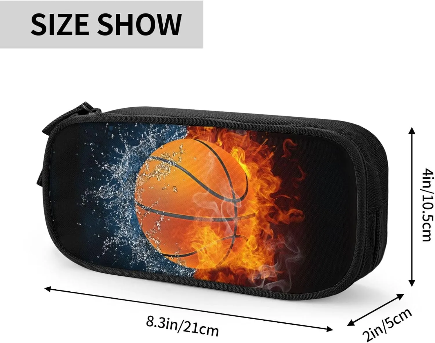Boys Kids Pencil Box with Basketball, Sports Pencil Case with Print Water & Fire Pattern for Teens Men, Large Black Pencil Holder Pen Pouch Desk Organizer Travel Stationery Bag for School Office