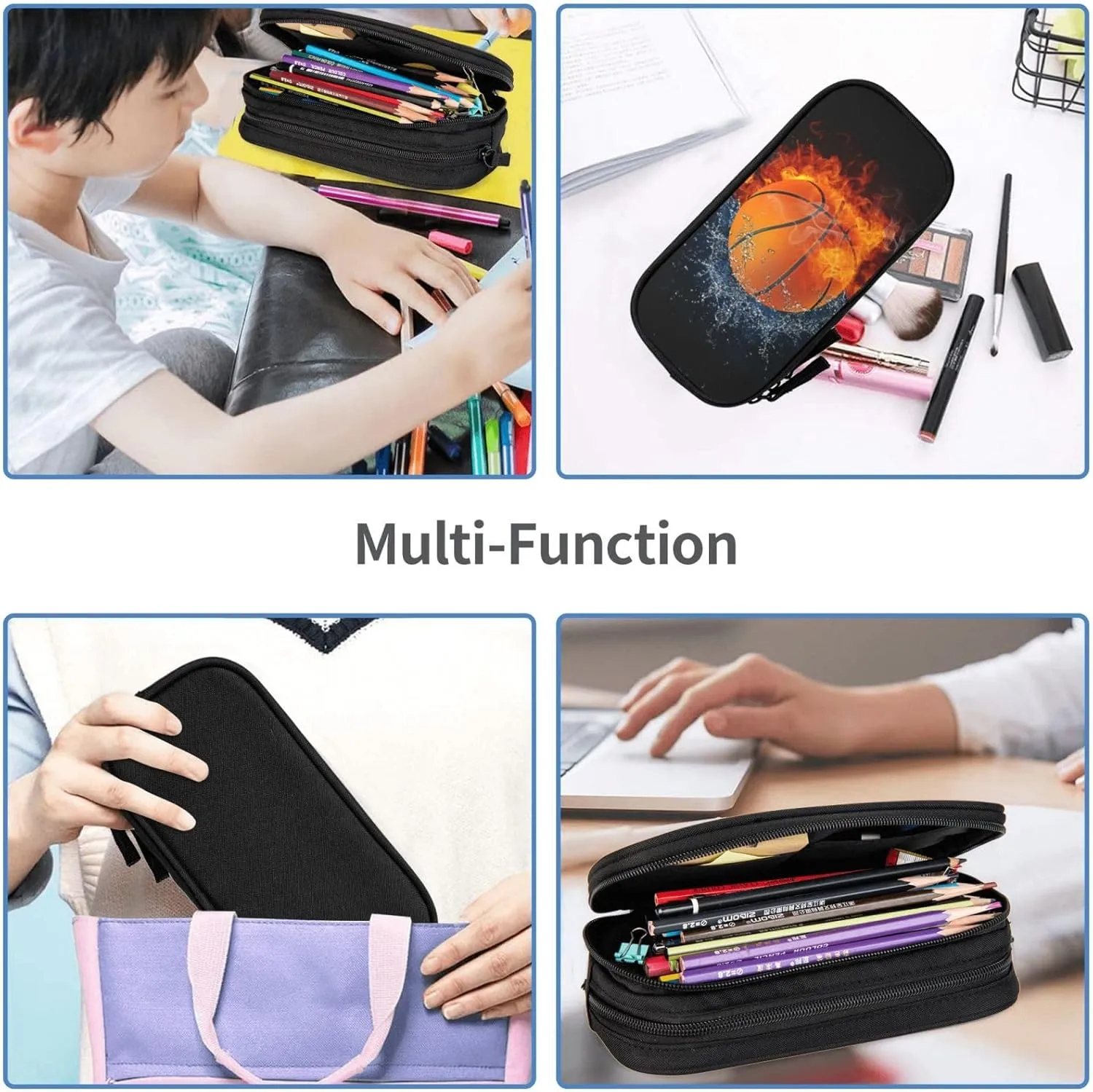 Boys Kids Pencil Box with Basketball, Sports Pencil Case with Print Water & Fire Pattern for Teens Men, Large Black Pencil Holder Pen Pouch Desk Organizer Travel Stationery Bag for School Office
