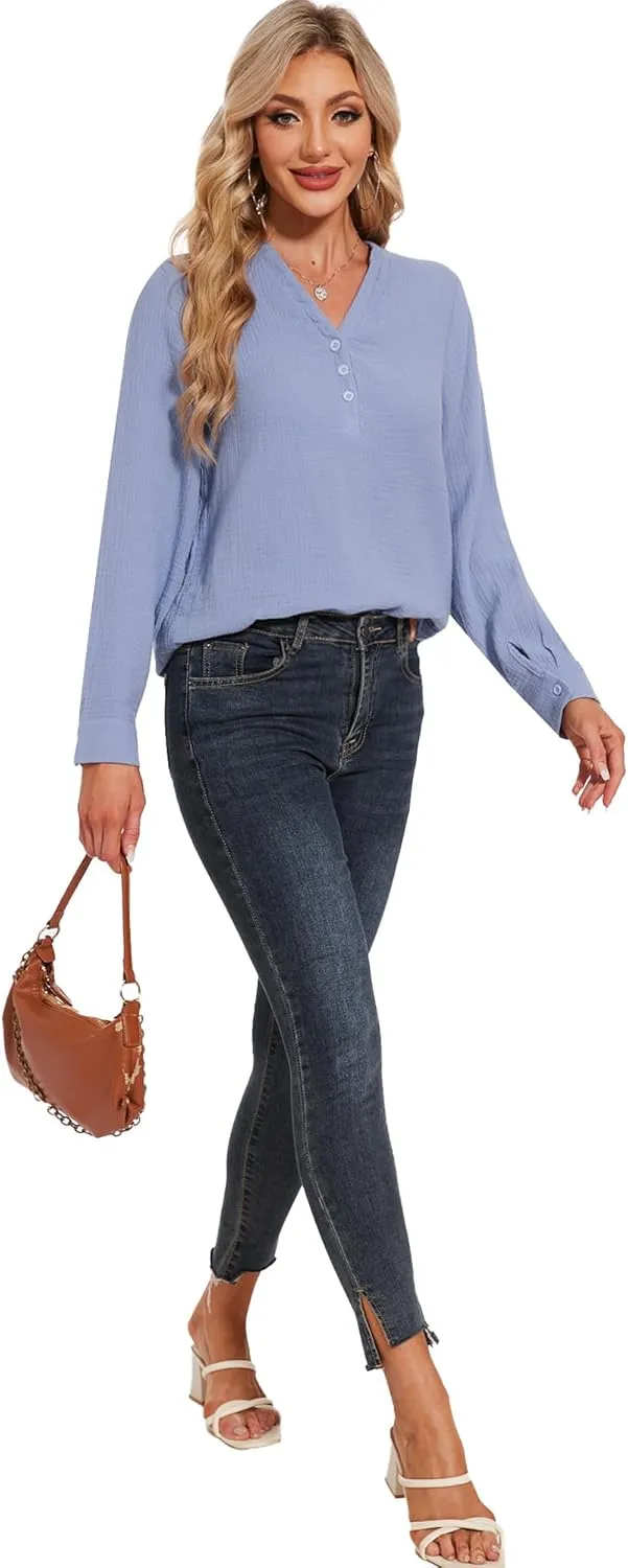 Breezy Lane Womens Blouse Cotton Tops Casual Long Sleeve V Neck Deco Button Pullover Shirts