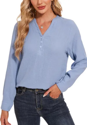 Breezy Lane Womens Blouse Cotton Tops Casual Long Sleeve V Neck Deco Button Pullover Shirts