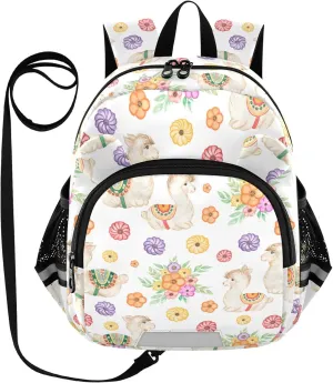 Bright Florals Preschool Backpack Llama Daycare Bookbag School Backpack with Traction Rope for Kids 3-6