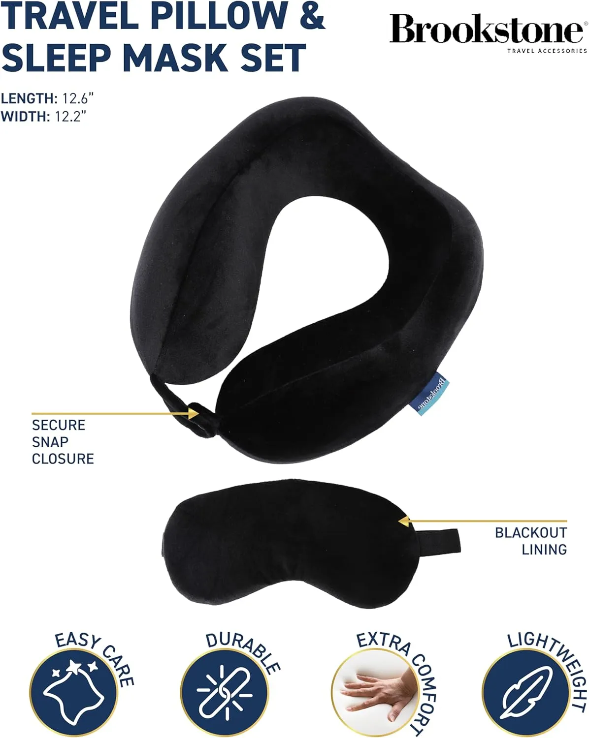 Brookstone Memory Foam Neck Pillow Travel Set with High Density Memory Foam Neck Pillow and Sleep Eye Mask for Vacations, Airplanes, Trains, Buses and Cars, Black Contoured