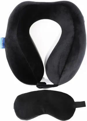 Brookstone Memory Foam Neck Pillow Travel Set with High Density Memory Foam Neck Pillow and Sleep Eye Mask for Vacations, Airplanes, Trains, Buses and Cars, Black Contoured