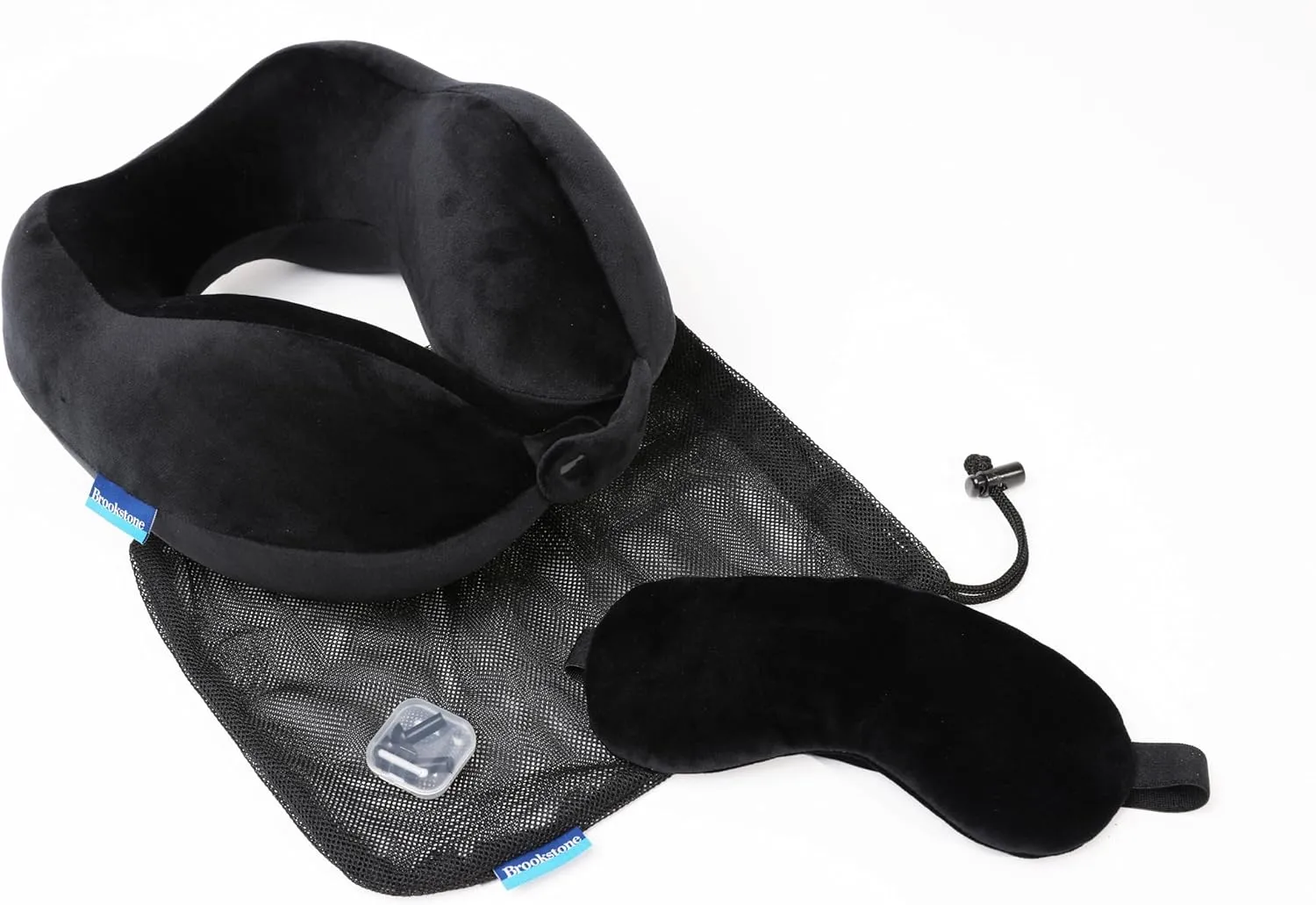 Brookstone Memory Foam Neck Pillow Travel Set with High Density Memory Foam Neck Pillow and Sleep Eye Mask for Vacations, Airplanes, Trains, Buses and Cars, Black Contoured