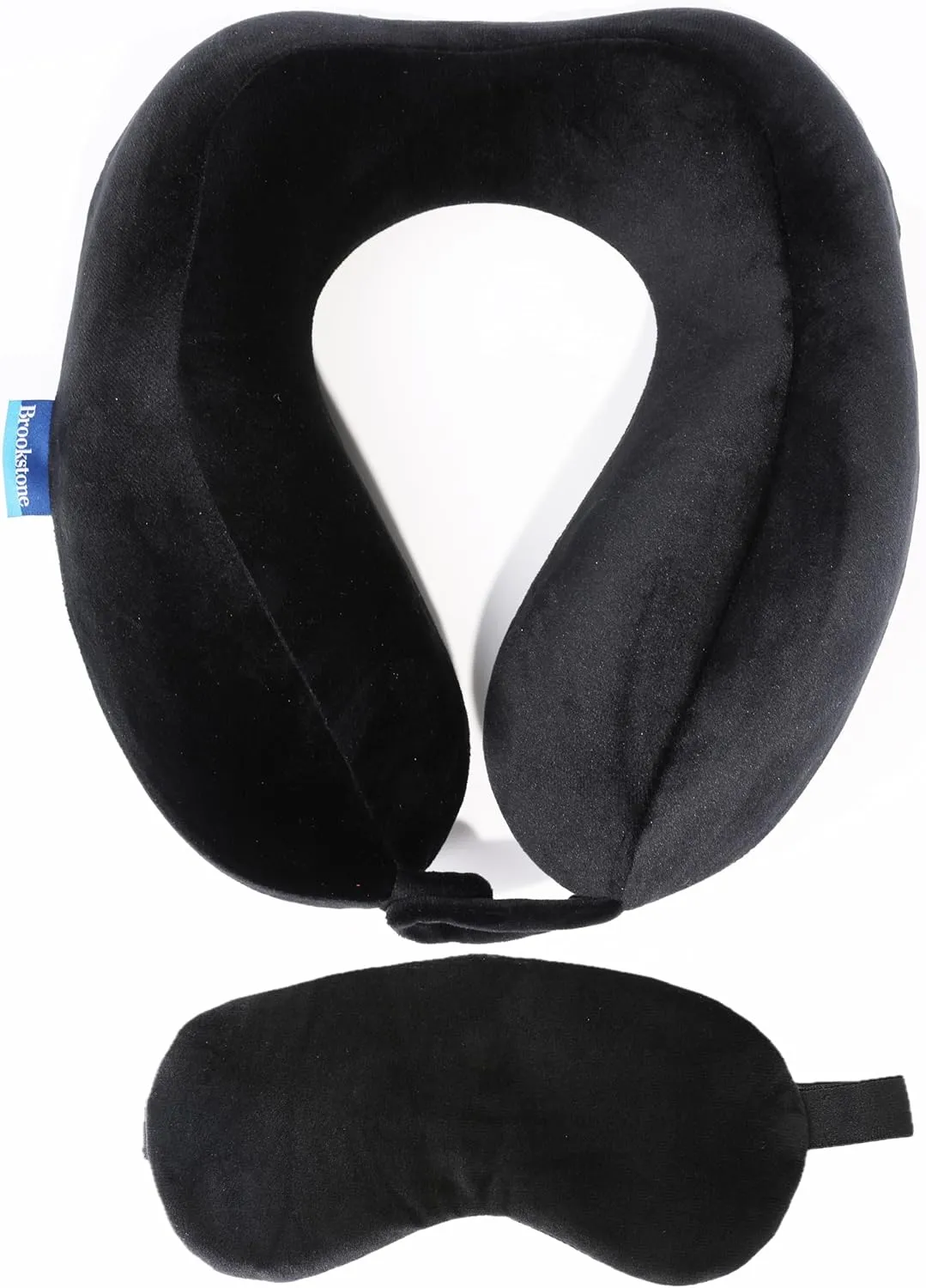 Brookstone Memory Foam Neck Pillow Travel Set with High Density Memory Foam Neck Pillow and Sleep Eye Mask for Vacations, Airplanes, Trains, Buses and Cars, Black Contoured