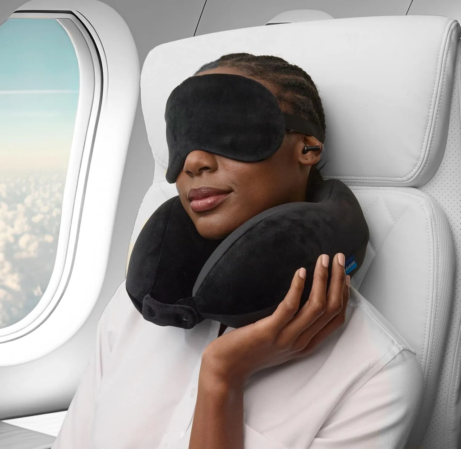 Brookstone Memory Foam Neck Pillow Travel Set with High Density Memory Foam Neck Pillow and Sleep Eye Mask for Vacations, Airplanes, Trains, Buses and Cars, Black Contoured
