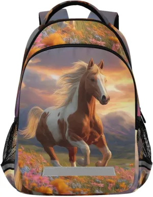 Brown White Horse Wildflowers Flower Fields Backpack for Boys Girls Elementary School Bag Kids Travel Bags Casual Rucksack Laptop Bookbag