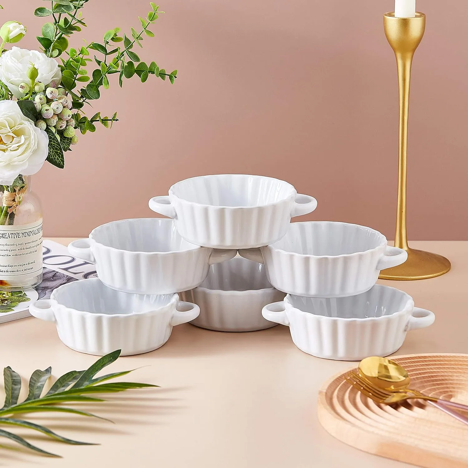 Bruntmor Ceramic Soup Bowls with Double Handles, 10 Oz Stacked Bowls for French Onion Soup, Cereal, Pot Pies, Stew, Chill, Pasta, Set of 6,Black with White Interior