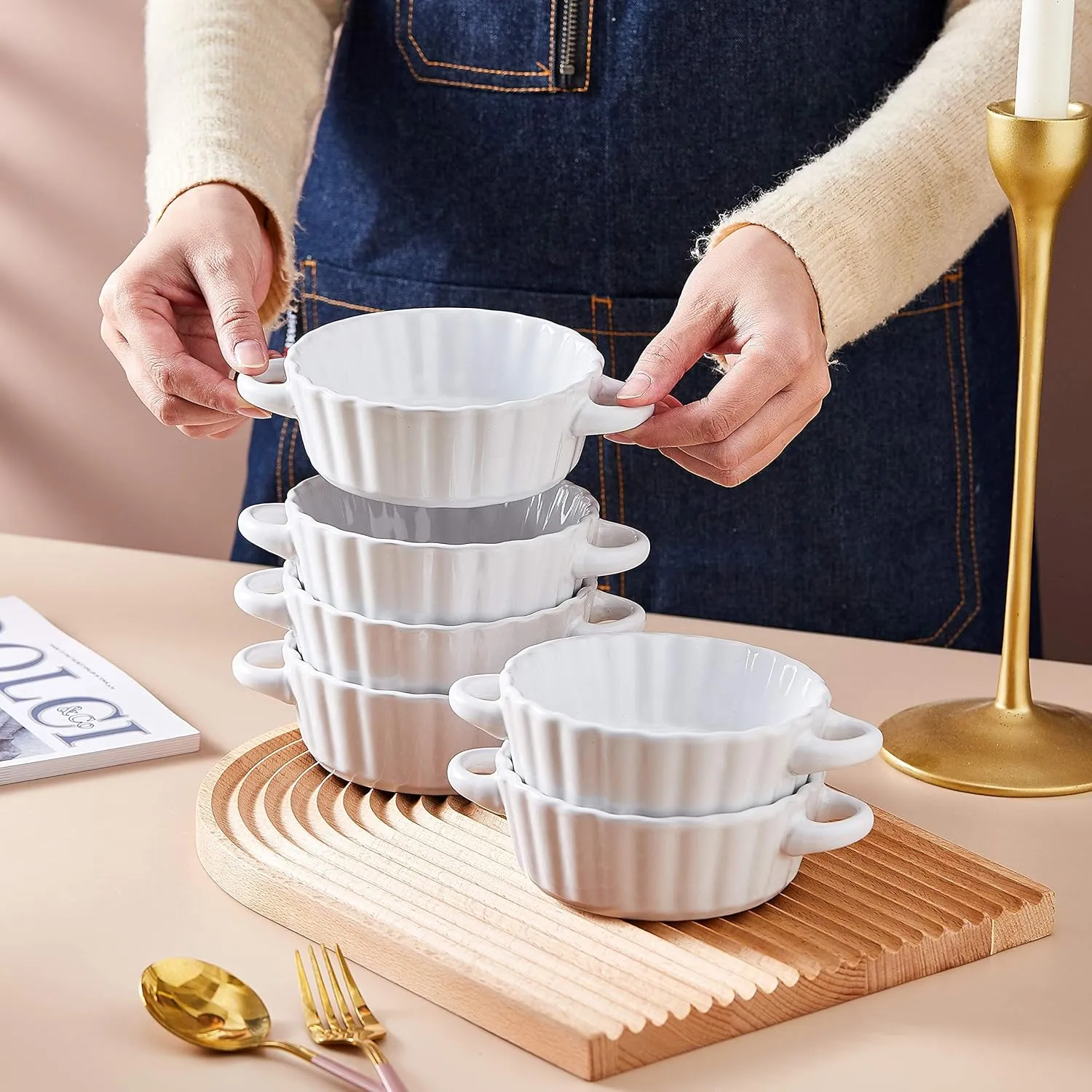 Bruntmor Ceramic Soup Bowls with Double Handles, 10 Oz Stacked Bowls for French Onion Soup, Cereal, Pot Pies, Stew, Chill, Pasta, Set of 6,Black with White Interior