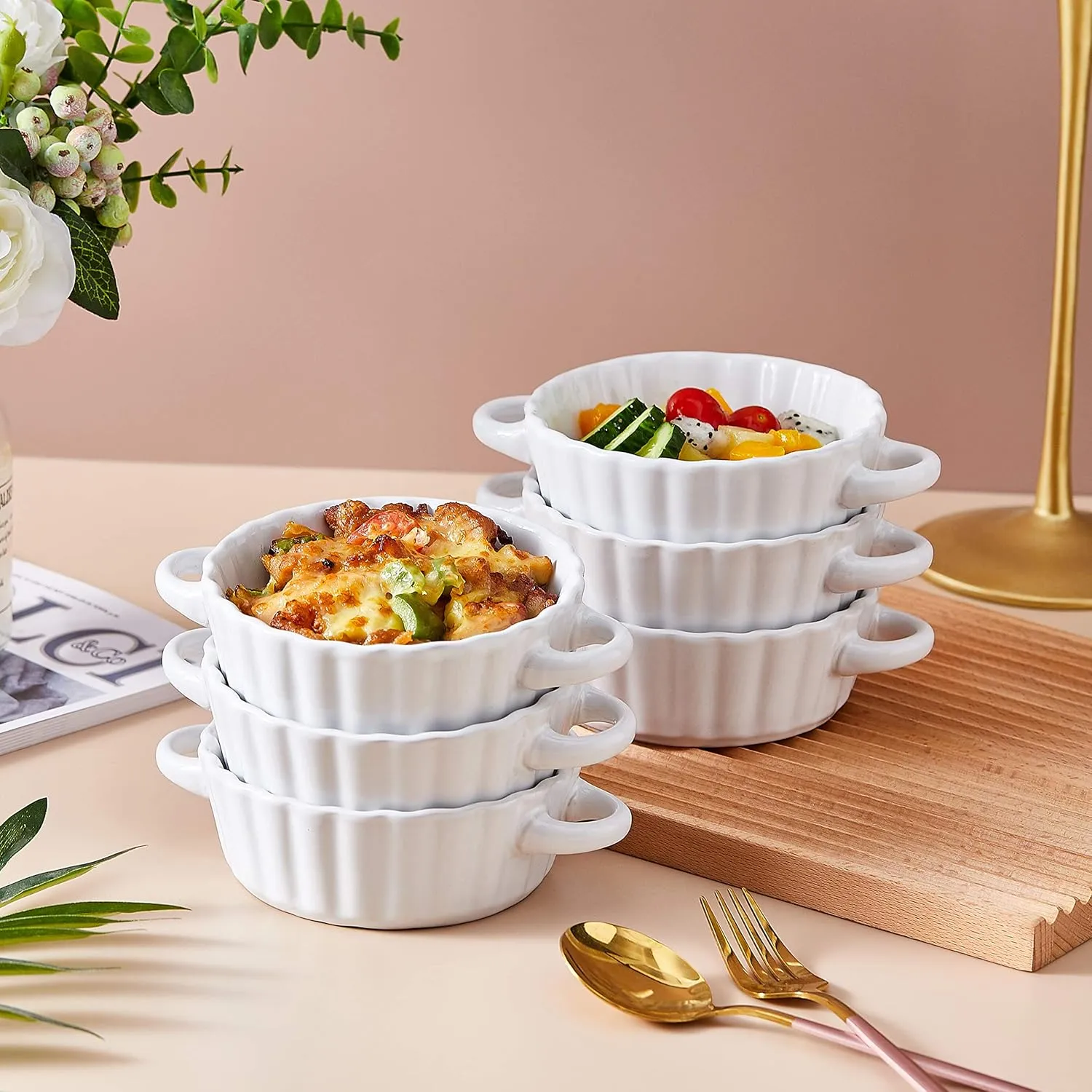 Bruntmor Ceramic Soup Bowls with Double Handles, 10 Oz Stacked Bowls for French Onion Soup, Cereal, Pot Pies, Stew, Chill, Pasta, Set of 6,Black with White Interior