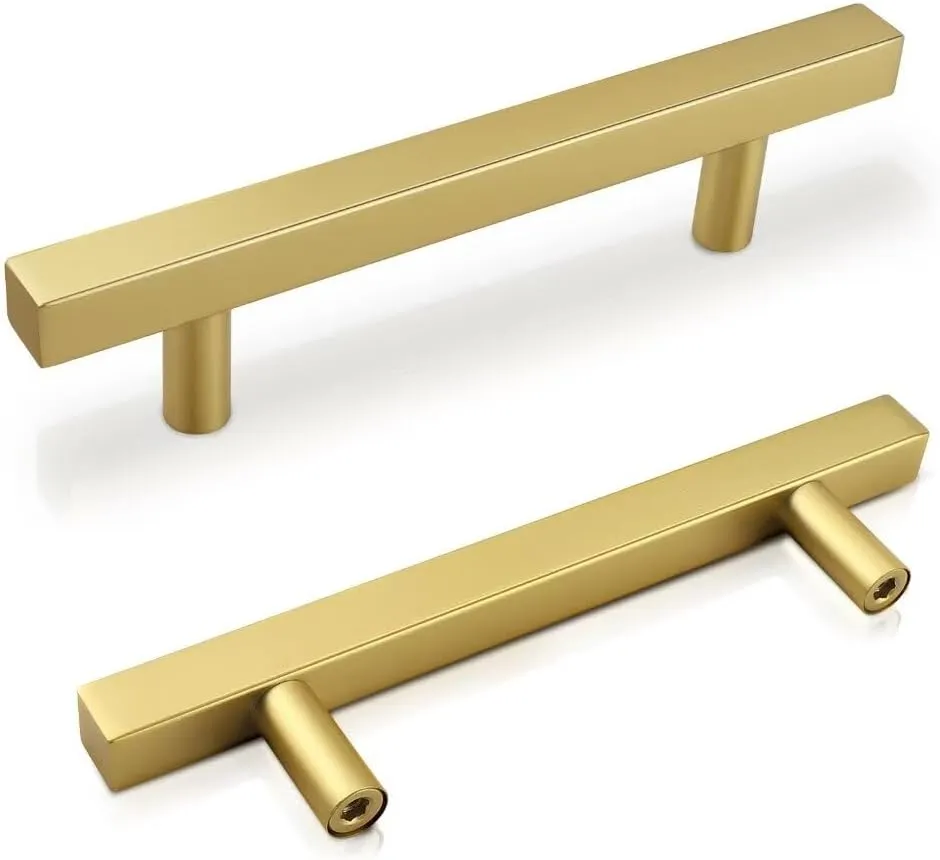 Brushed Gold Cabinet Handles 20 Pack, 3-3/4 Inch Brass Dresser Handles Drawer Pulls, T Bar Kithcen Cabinet Hardware, 6 Inch Overall Length