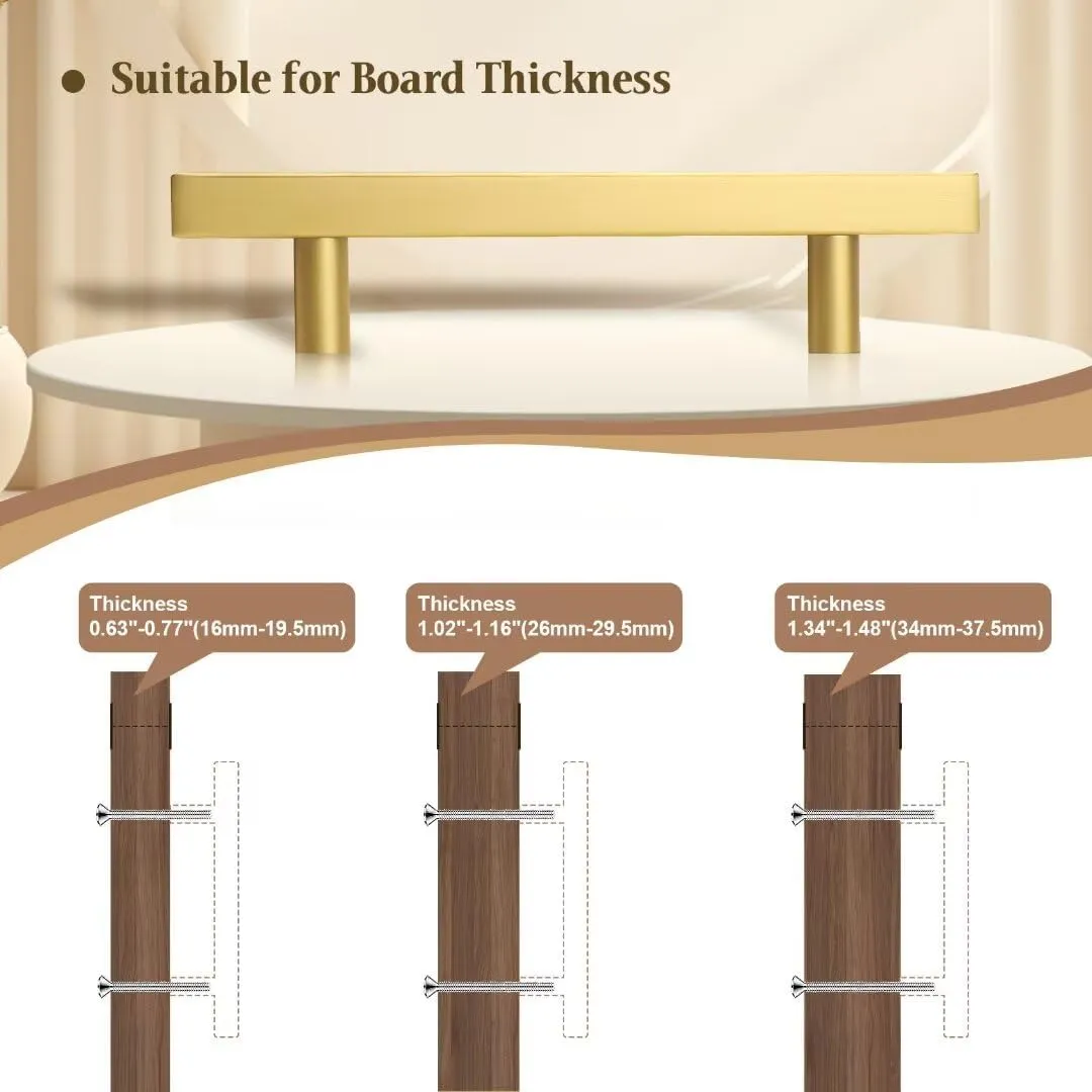 Brushed Gold Cabinet Handles 20 Pack, 3-3/4 Inch Brass Dresser Handles Drawer Pulls, T Bar Kithcen Cabinet Hardware, 6 Inch Overall Length