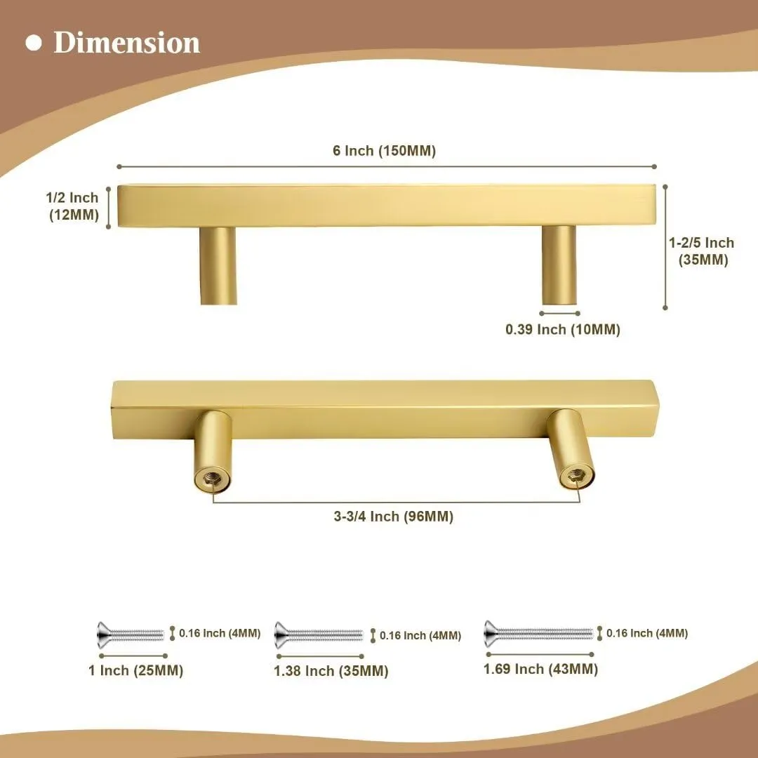 Brushed Gold Cabinet Handles 20 Pack, 3-3/4 Inch Brass Dresser Handles Drawer Pulls, T Bar Kithcen Cabinet Hardware, 6 Inch Overall Length