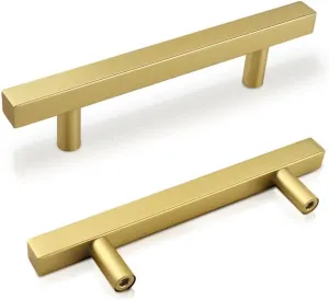 Brushed Gold Cabinet Handles 20 Pack, 3-3/4 Inch Brass Dresser Handles Drawer Pulls, T Bar Kithcen Cabinet Hardware, 6 Inch Overall Length