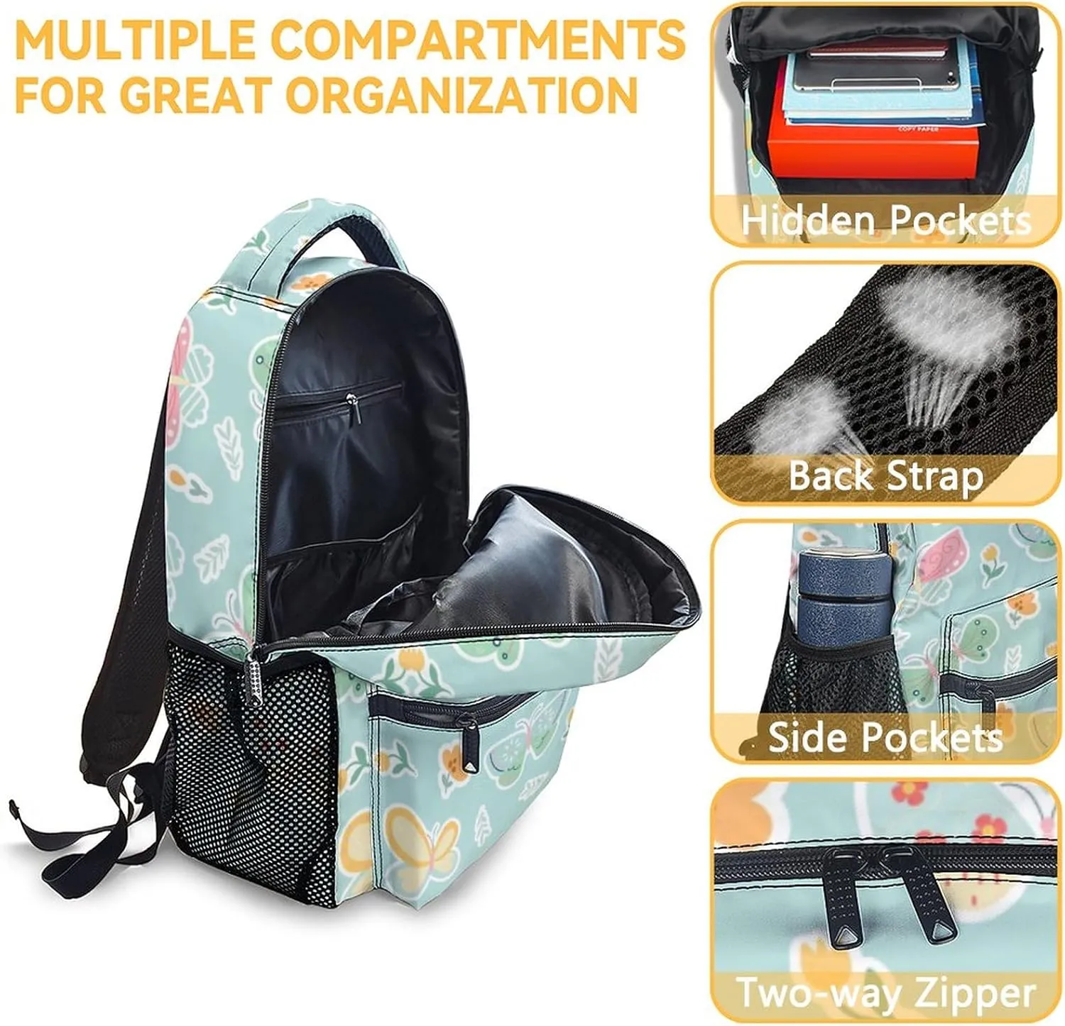 Butterfly Backpack for Girls - 16 Inch Aesthetic Backpack for School - Green, Large Capacity, Durable, Lightweight Bookbag for Kids Travel