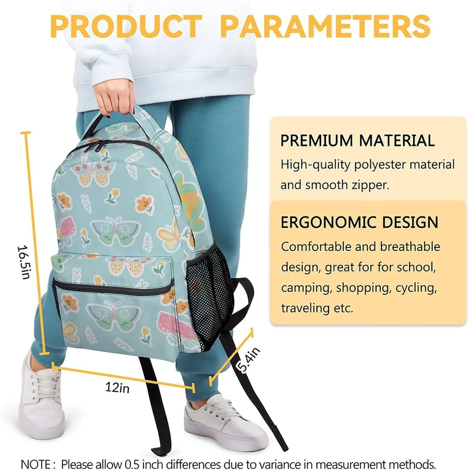 Butterfly Backpack for Girls - 16 Inch Aesthetic Backpack for School - Green, Large Capacity, Durable, Lightweight Bookbag for Kids Travel