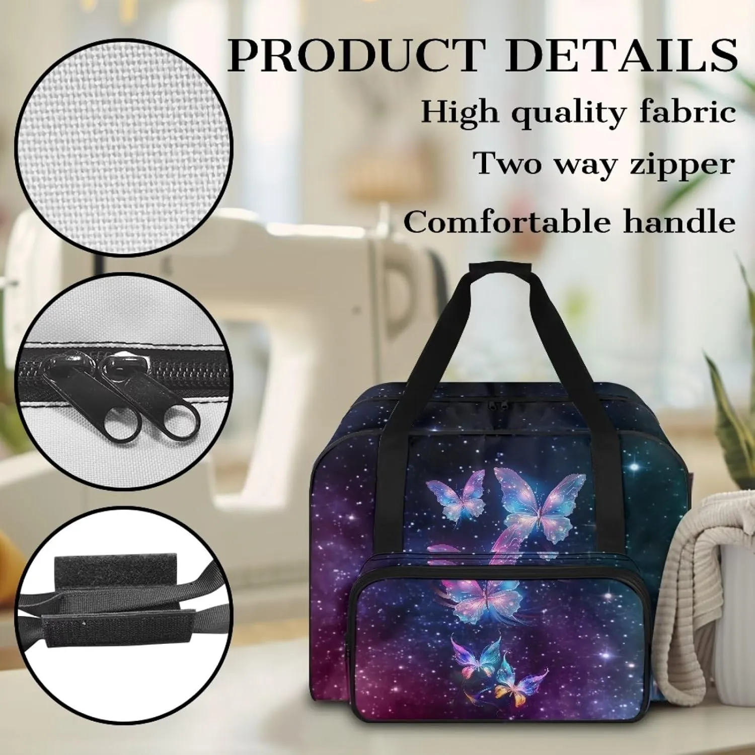 Butterfly Galaxy Sewing Machine Bag Protector Travel Bag Organizer, Sewing Machine Carrier with Pockets and Handles, Portable Sewing Case Fits for Most Standard Sewing Machines