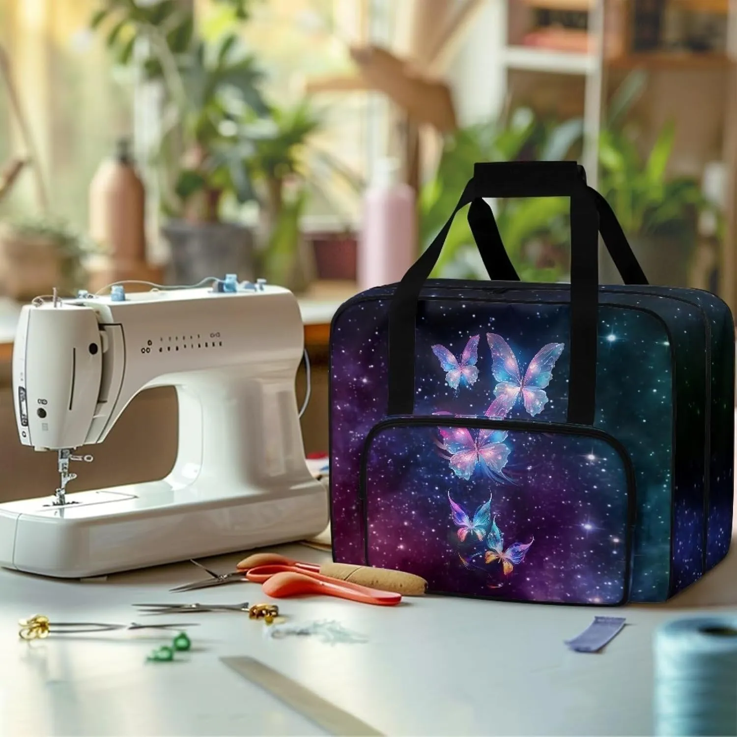 Butterfly Galaxy Sewing Machine Bag Protector Travel Bag Organizer, Sewing Machine Carrier with Pockets and Handles, Portable Sewing Case Fits for Most Standard Sewing Machines